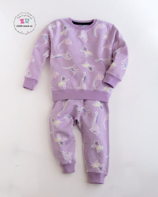 Lilac colour Dino print fleece tracksuit