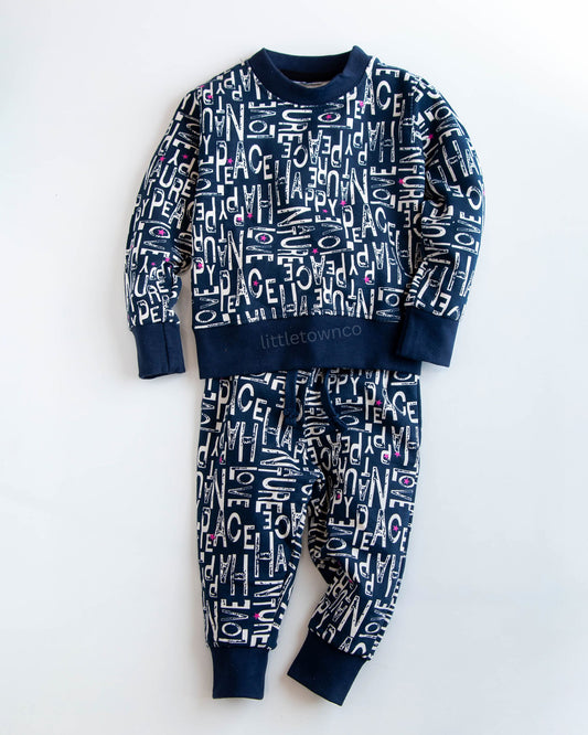 Navy blue fleece tracksuit Text print