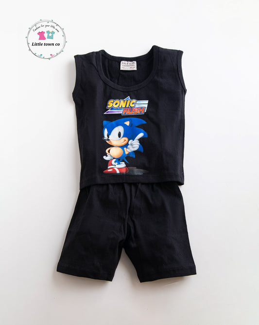 Sonic print black sando shorts  suit