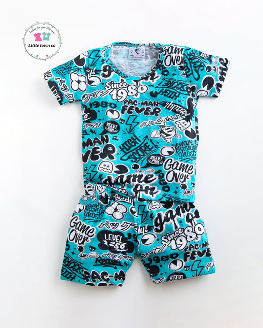All over print |  2pc shorts suit | Neon Blue colour