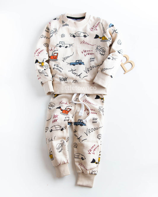 Transport print cream colour fleece tracksuit