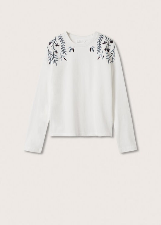 MANGO Embroidered off white long-sleeved t-shirt