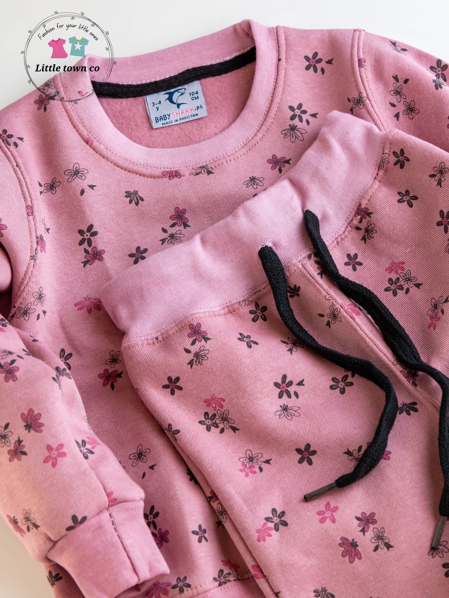 Tea pink flowers print fleece tracksuit for girls
