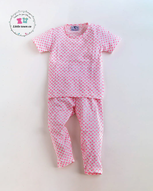 Pink Little Hearts Print Night Suit for girls