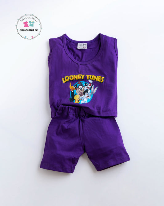 Looney tunes print purple sando short suit