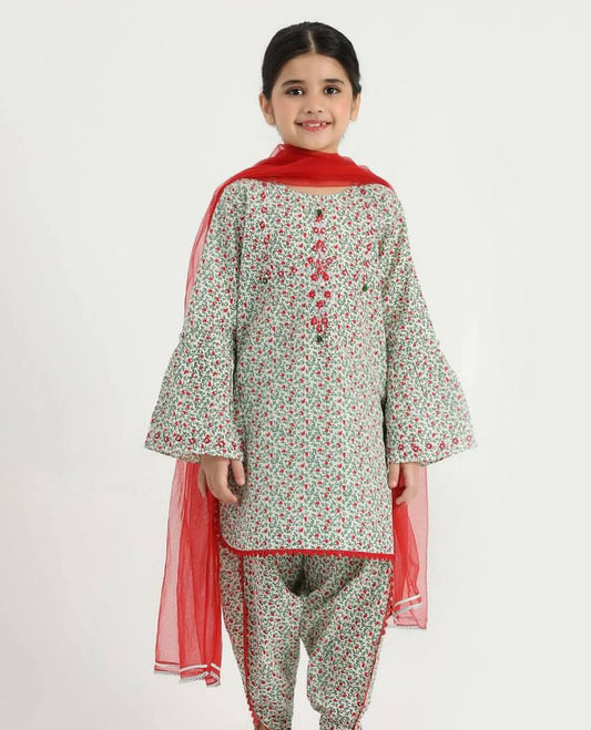Al QASWA Embroided floral print 3pc dress for girls