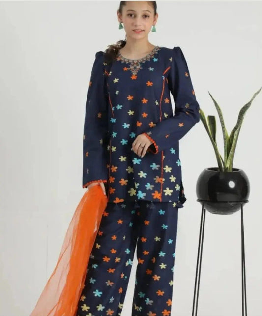 Al Qaswa  3pc Blue dress with floral print Embellished and  Embroided