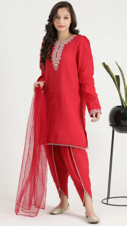 Al Qaswa Embroided red 3pc cotton dress