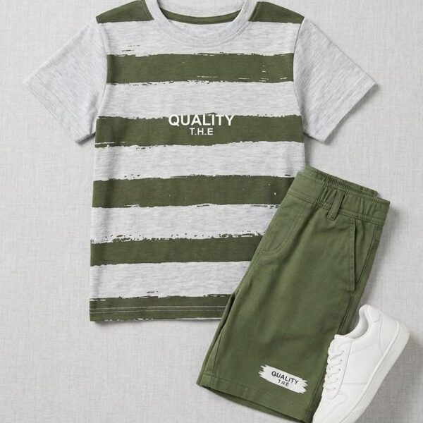 Green Stripes Print Boys Shorts Set