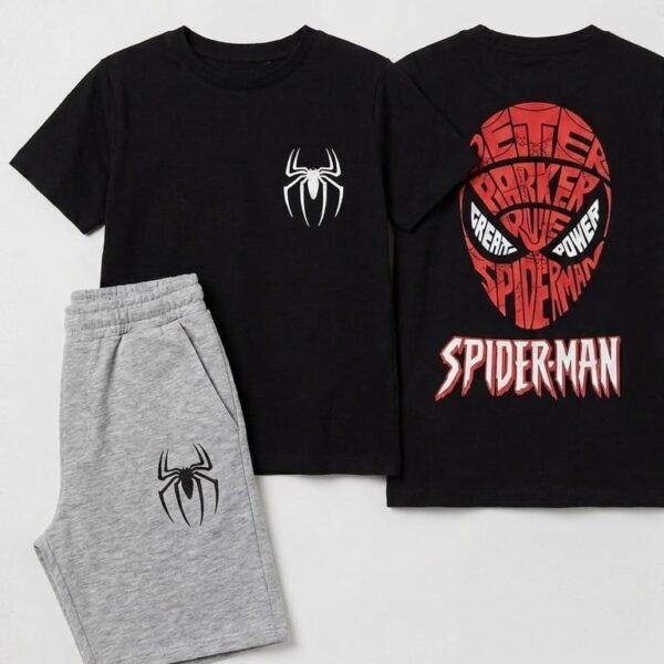 Black Spiderman Print Boys Shorts Set