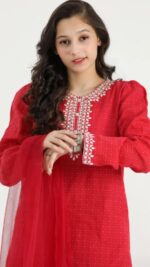 RED Embroided 3pc dress with full detailing on fabric - Image 3