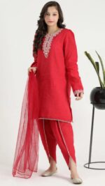 RED Embroided 3pc dress with full detailing on fabric - Image 4