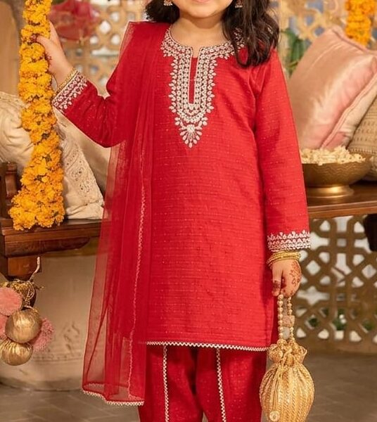 RED Embroided 3pc dress with full detailing on fabric