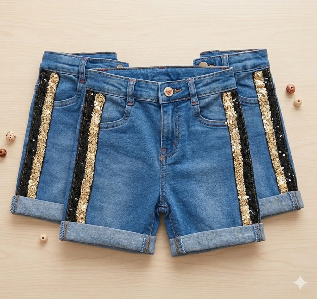 WhatsApp Image 2026-05-19 at 12.17.28 PM Sequence work denim Shorts for girls - Image 1