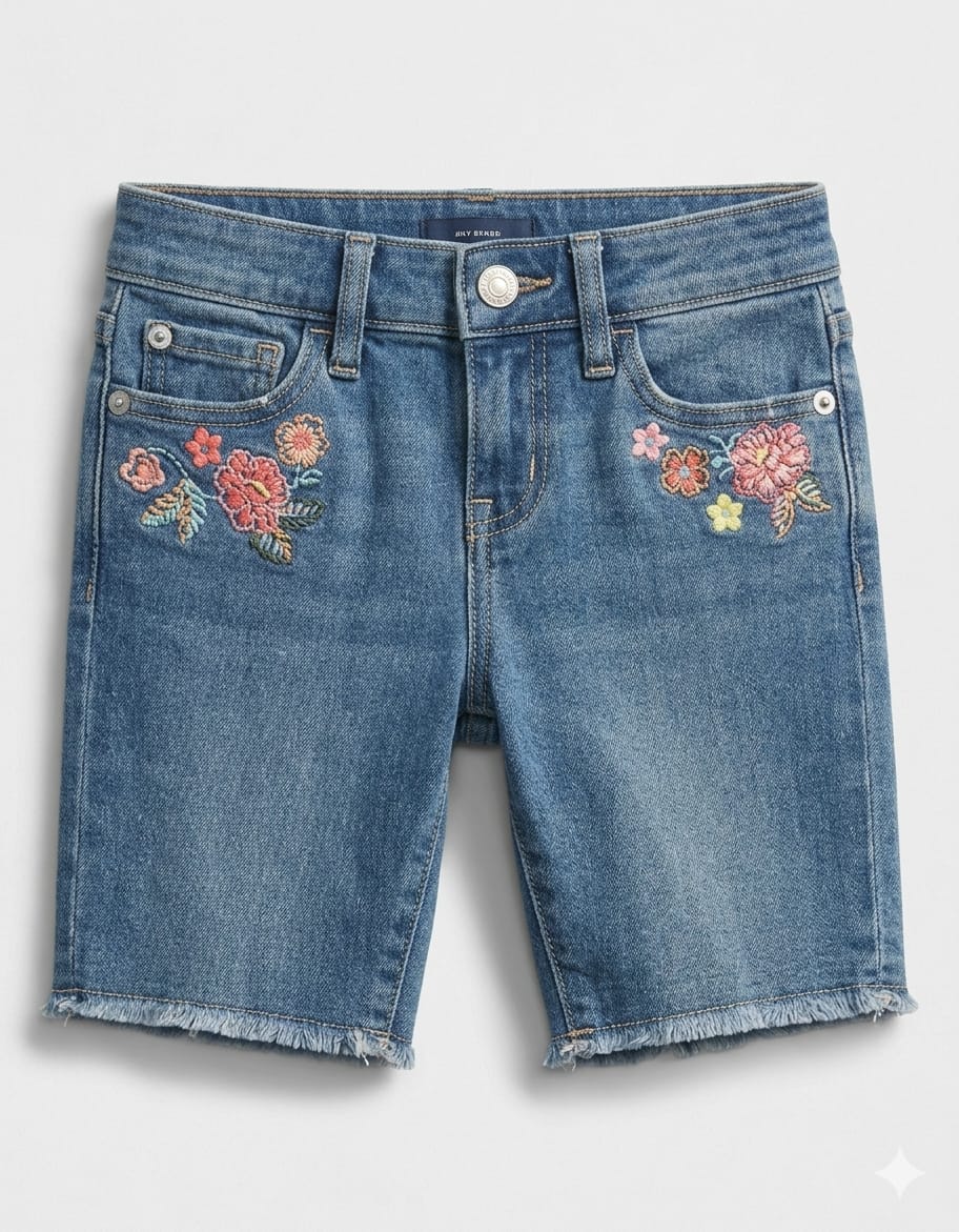 WhatsApp Image 2026-05-19 at 12.24.28 PM (1) Girls front and back pocket Embroided Denim Shorts - Image 1
