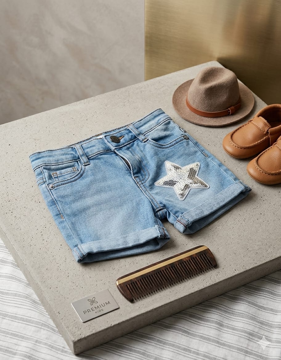 WhatsApp Image 2026-05-21 at 10.47.09 AM Star Sequence work denim Shorts for girls - Image 1