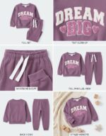 LTC142 Girls' Embroidered "DREAM BIG" Fleece Tracksuit Set – Dusty Mauve - Image 3