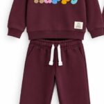 LTC143 Girls' "HAPPY" Colorful Towel-Embroidered Tracksuit Set – Deep Plum / Maroon