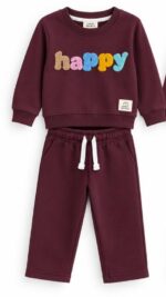 LTC143 Girls' "HAPPY" Colorful Towel-Embroidered Tracksuit Set – Deep Plum / Maroon