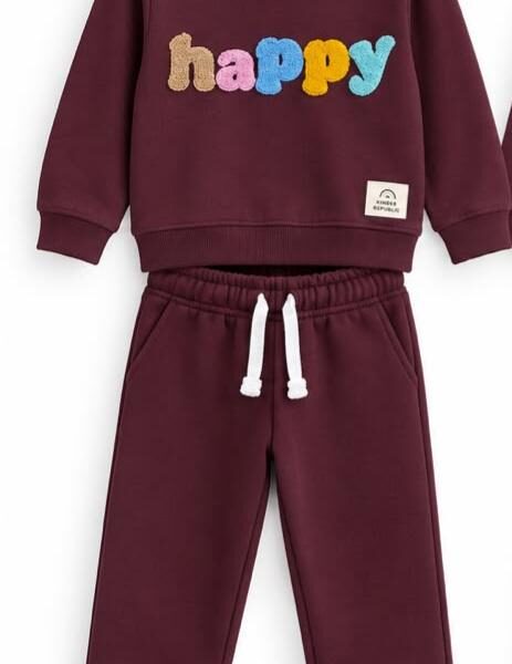 LTC143 Girls' "HAPPY" Colorful Towel-Embroidered Tracksuit Set – Deep Plum / Maroon