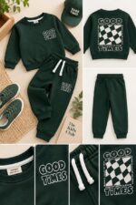 LTC147 Kids' "GOOD TIMES" Printed Fleece Tracksuit Set – Deep Forest Green