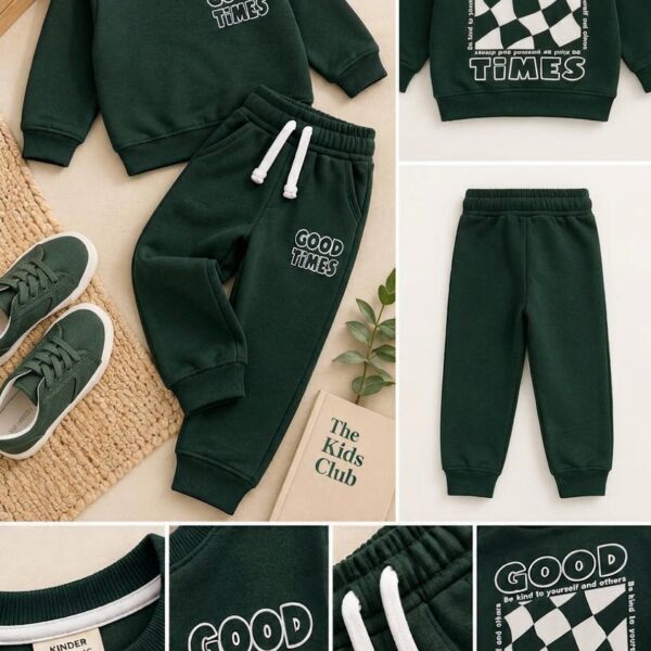 LTC147 Kids' "GOOD TIMES" Printed Fleece Tracksuit Set – Deep Forest Green