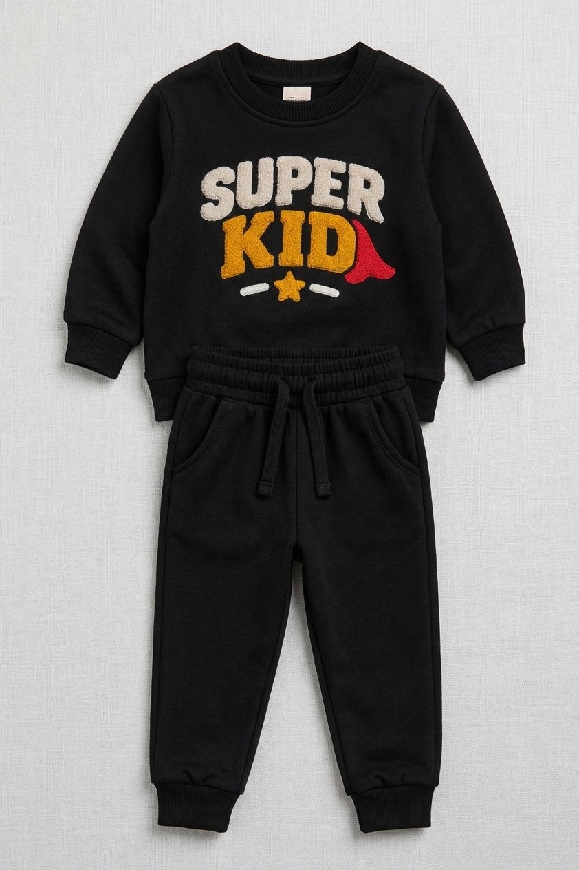 Gemini_Generated_Image_sx2poksx2poksx2p LTC 146 Kids' "SUPER KID" Embroidered Fleece Tracksuit Set – Sleek Black - Image 1