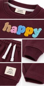 LTC143 Girls' "HAPPY" Colorful Towel-Embroidered Tracksuit Set – Deep Plum / Maroon - Image 3