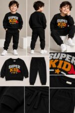 LTC 146 Kids' "SUPER KID" Embroidered Fleece Tracksuit Set – Sleek Black - Image 2